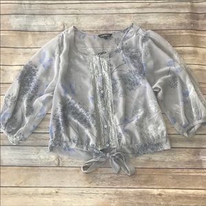 Express Light Gray Sheer Floral Tie Front Top